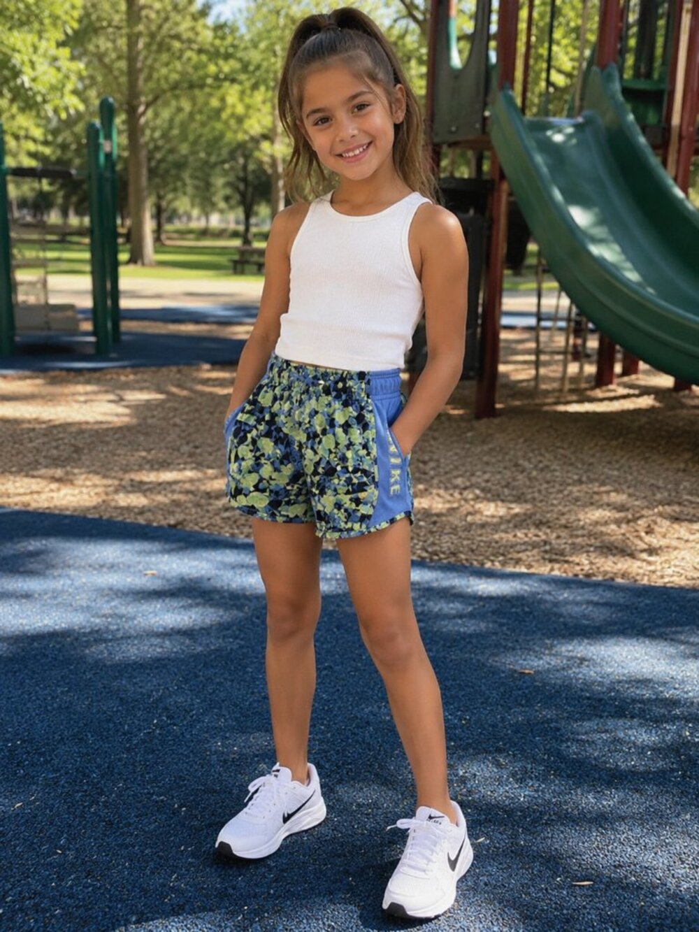 Nike Girls Dri-FIT Athletic Running Shorts Blue Green Floral Print Youth L